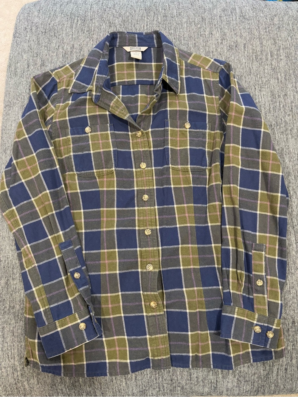 Duluth Trading Co Blue and Olive Plaid Button-Down Shirt